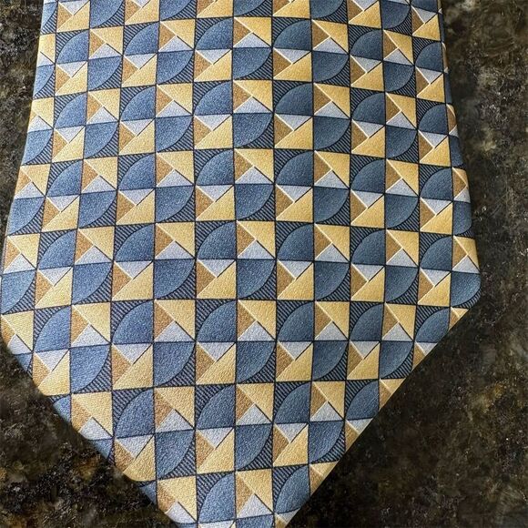 Van Heusen Other - *3/$15 Van Heusen Men's Silk Tie Blue Tan Geometric Stain-Resistant